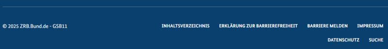 Bildschirmausschnitt des Fu&szlig;bereiches mit Links zum Inhaltsverzeichnis, dem Impressum, den Erkl&auml;rungen zum Datenschutz und zur Barrierefreiheit sowie einem Formular, &uuml;ber das man Barrieren melden kann.